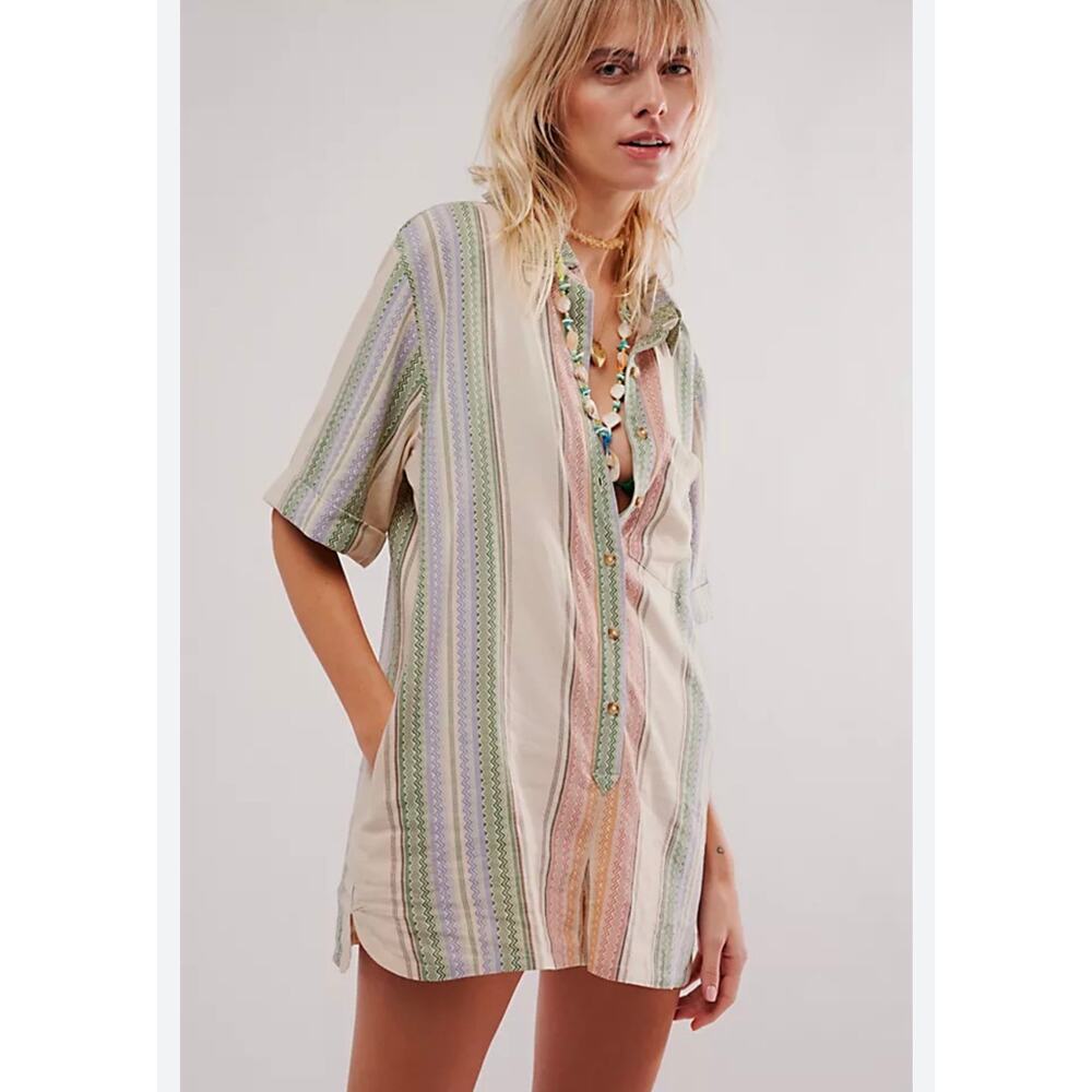Free People Pastel Striped Romper - Cream, Pink, Green